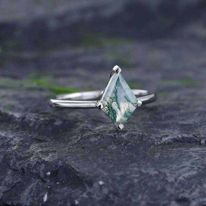 925 Sterling Silver Kite Shaped Moss Agate Engagement Ring Vintage Solitaire Rings for Women Unique Wedding Bridal Promise Gifts H260312