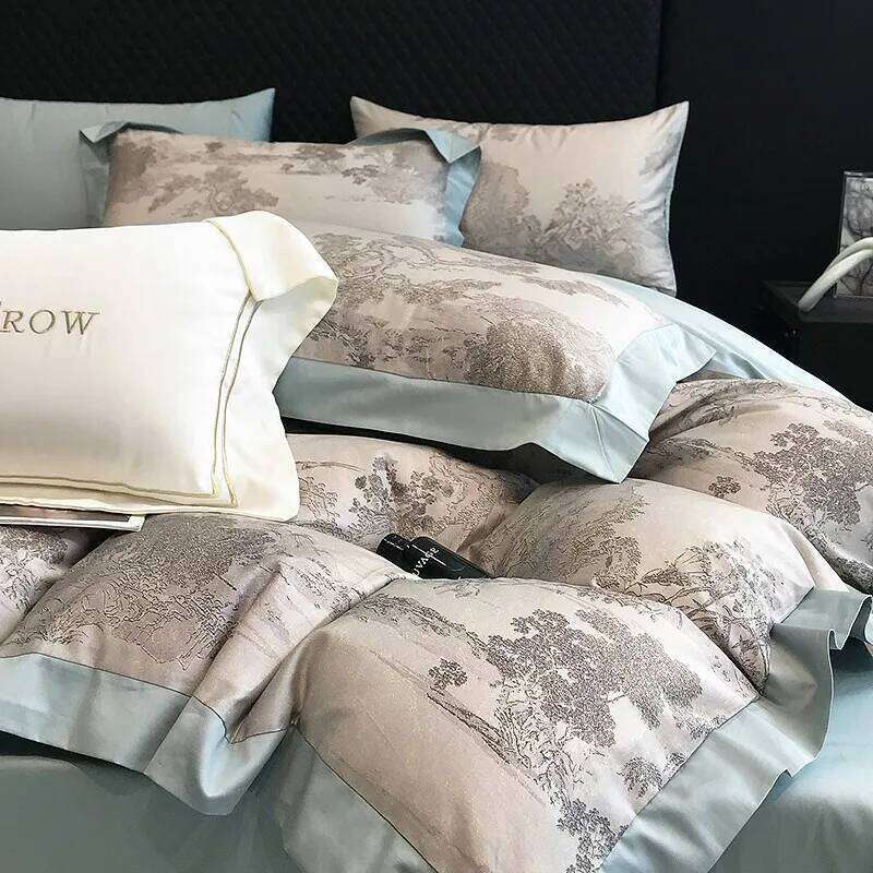 1000TC Egyptian Cotton Duvet Cover Flat/Fitted sheet Pillowcases Soft Grey Jungle printed Bedding set Double Queen King 4Pcs H260312