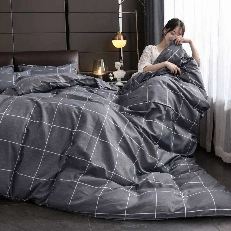 Simple Style Printed Double Pillowcase Bed Sheet Men's Bedding Four-piece Set Invisible Zipper Quilt Cover H260312