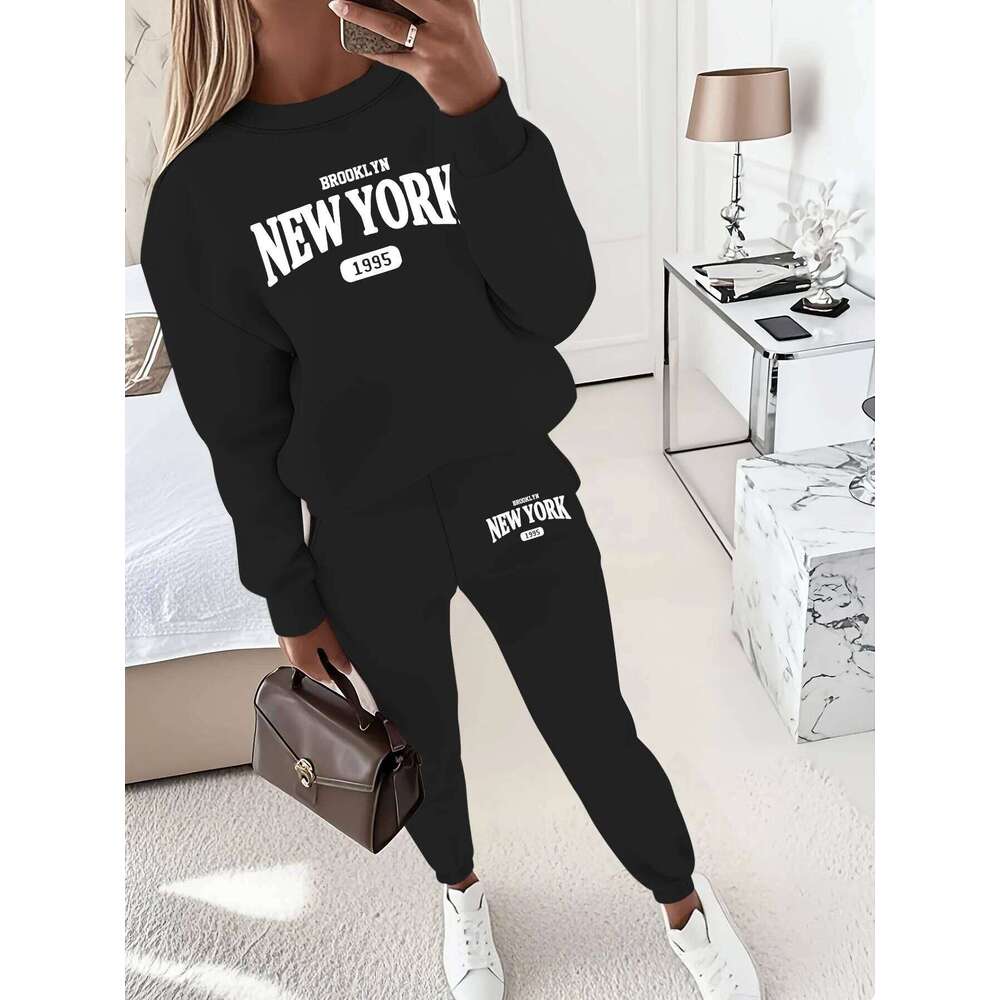 New York Print Two piece Set Kangaroo Women's Casual Fashion Round Neck Solid Color Long Sleeves Sweatshirt, C260312
