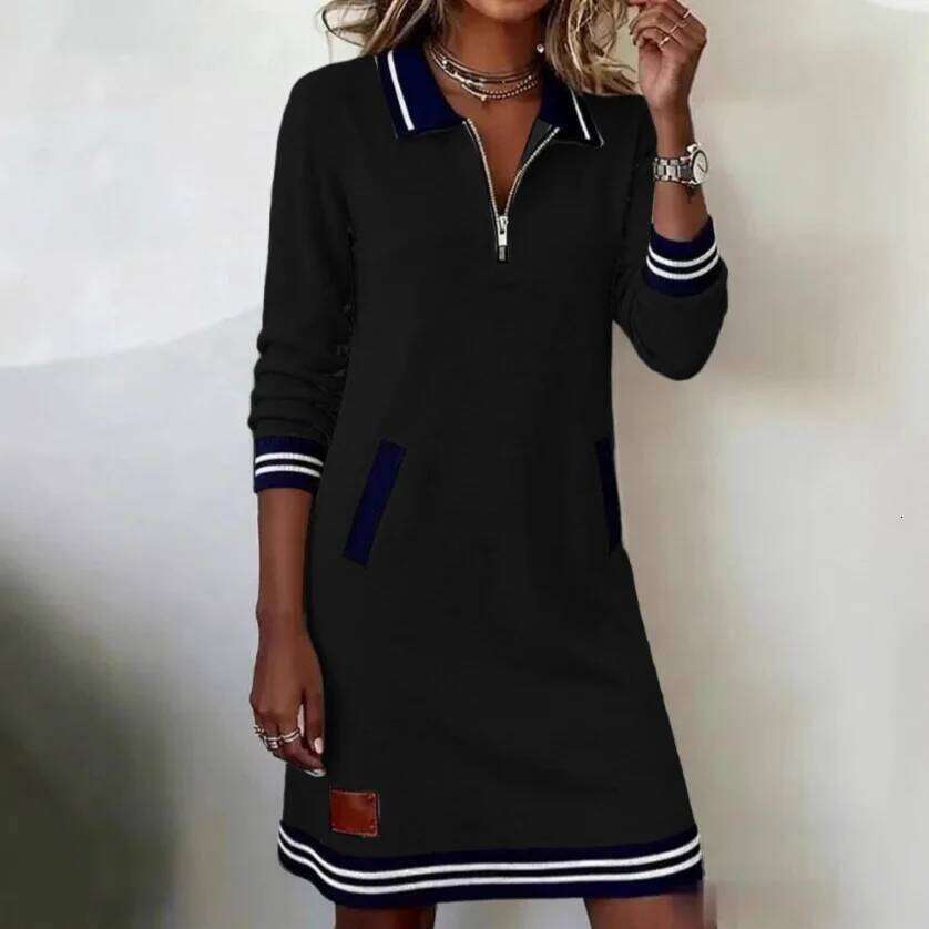 2025 Spring Autumn Turn-Down Collar Holiday Women Patchwork Long Sleeve Chic Dress, Casual Zipper Fashion Ladies Dress C260312