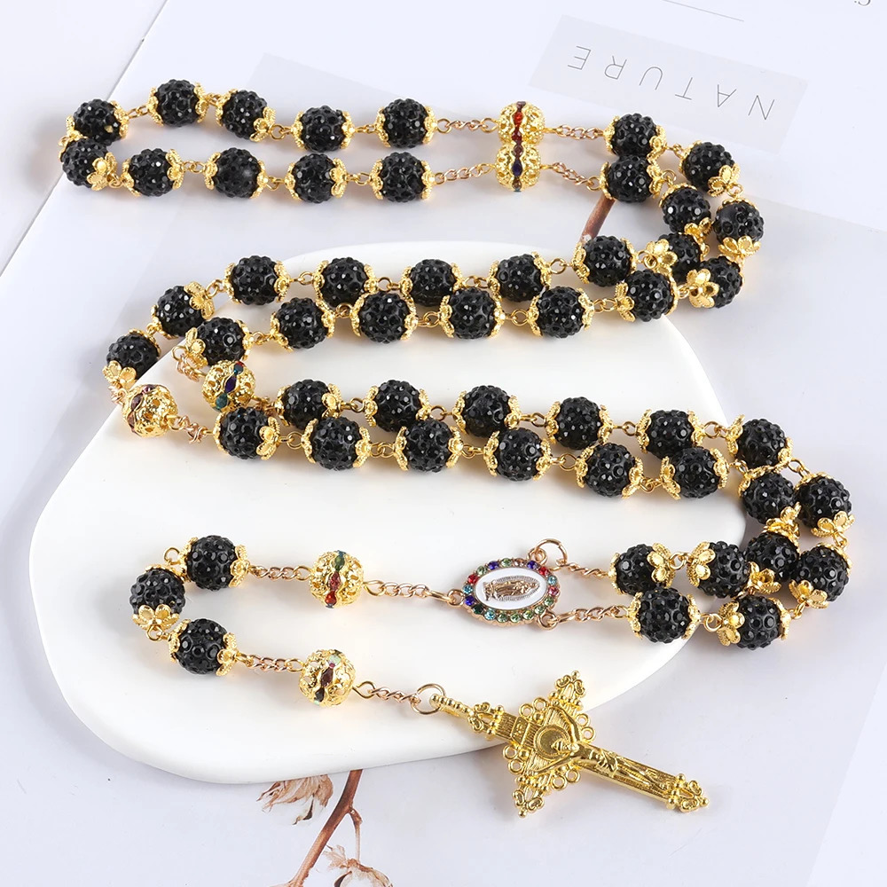 2025 Vintage Catholic 10mm 59 Crystal Rhinestone Beads Cross Necklace 260311