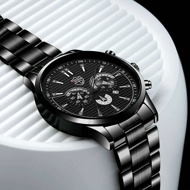2pcs Fashion Men's Casual Business Sports Stainless Steel Quartz Wristwatch Calendar Male Classic Bracelet Set