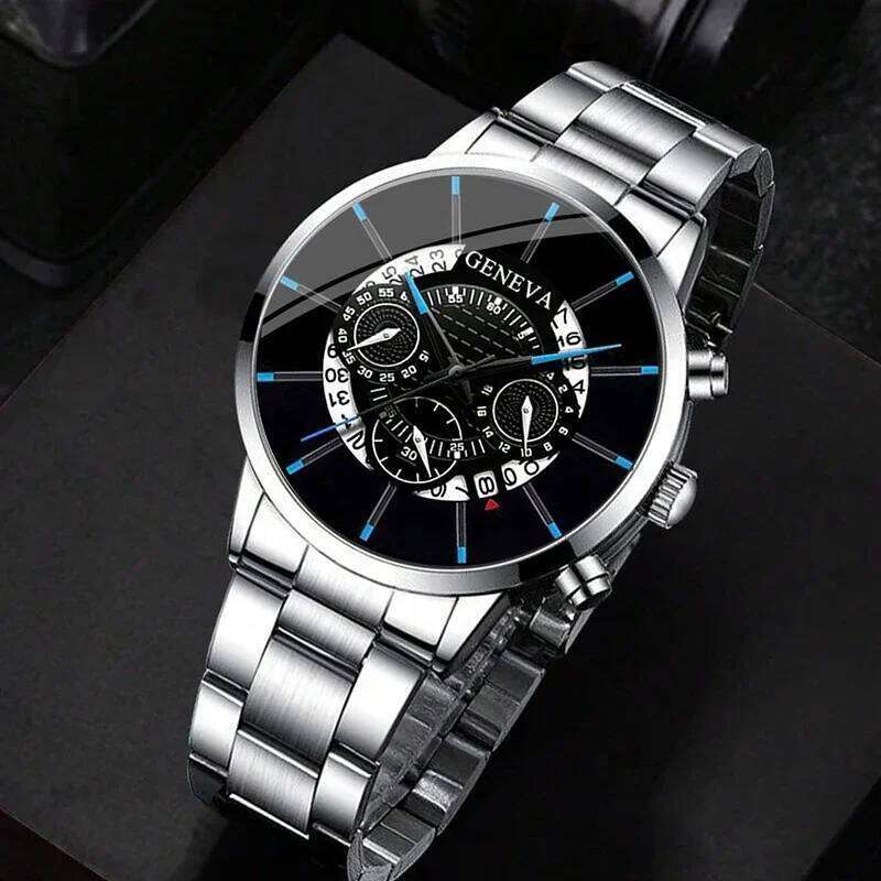 2pcs Luxury Mens Silver Quartz With Stainless Steel Bracelet Men Fashion Business Casual Watch Luminous Clock