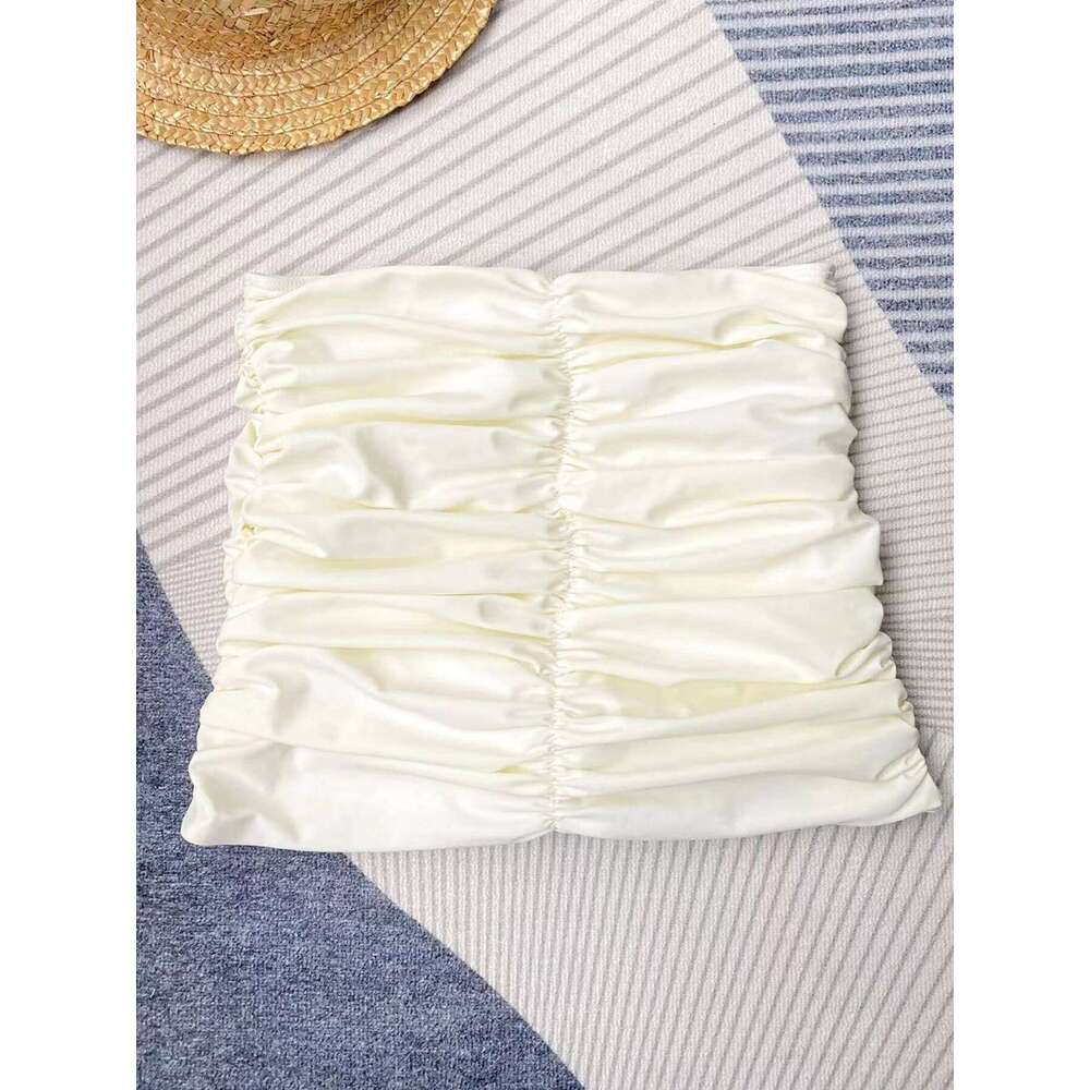 2024 New Sexy Flower Three Pieces Bikini Set Swimsuit For Women Bandeau Push Up Swimwear Female Bathing Suit Beach Skirt Y260303