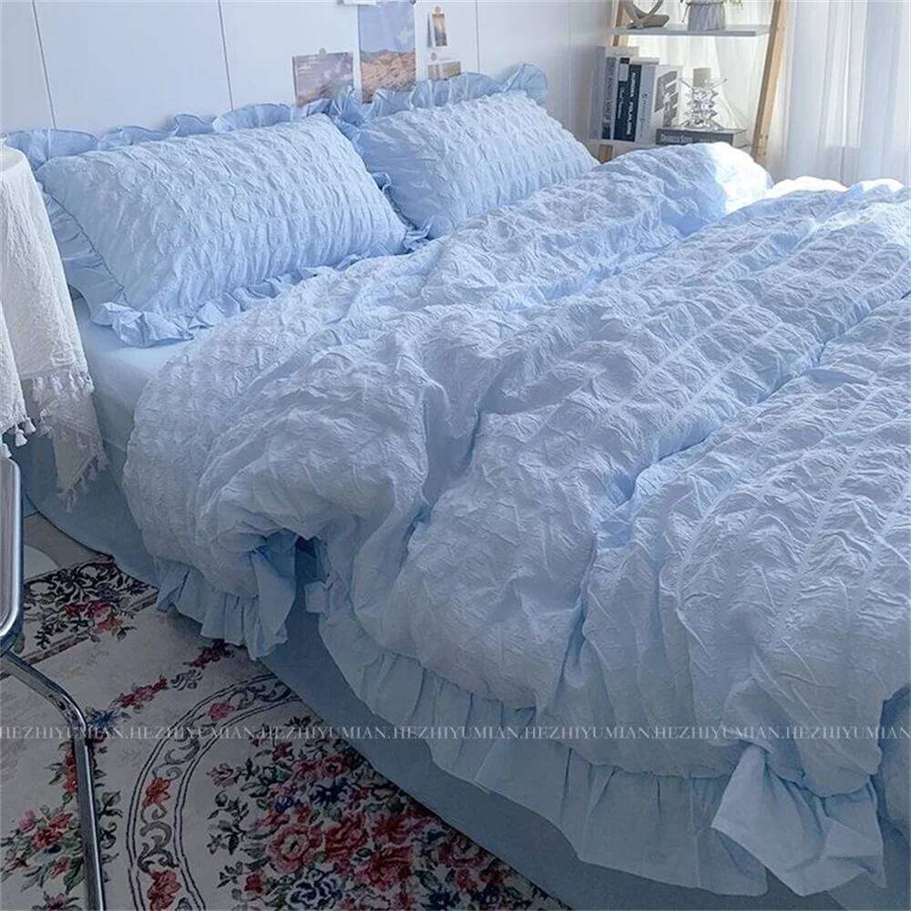 INS Girl Blue Bedding Sets Solid Color Seersucker Ruffles Lace Kawaii Soft Sheet Woman Duvet Pillow Covers Quilt Cover H260312