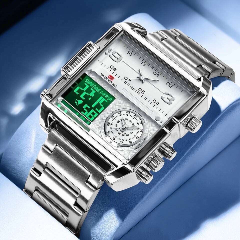 2025 New LED Fashion Square Creative Quartz Movement Black Stainless Steel Waterproof Timing Electronic Watch for Men