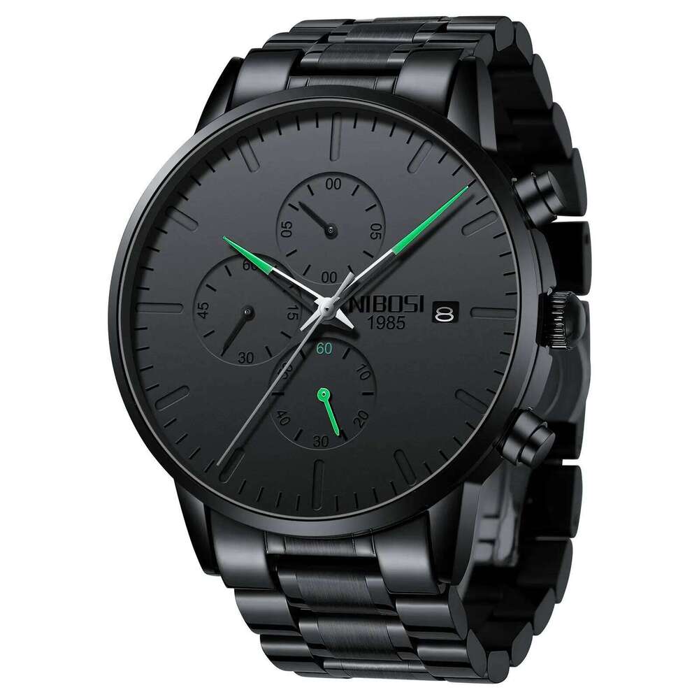 NIBOSI Men's Analog Minimalist Black Dial for Men Business Chronograph Military Stainless Steel Wrist Watches