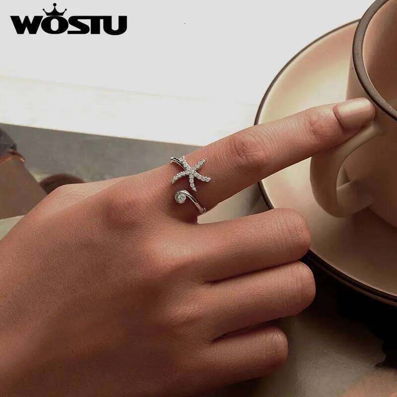 WOSTU 925 Sterling Silver Starfish Sea Turtle octopus Opening Women Cute Ocean Animal Stackable Statement Rings Party Gift H260312