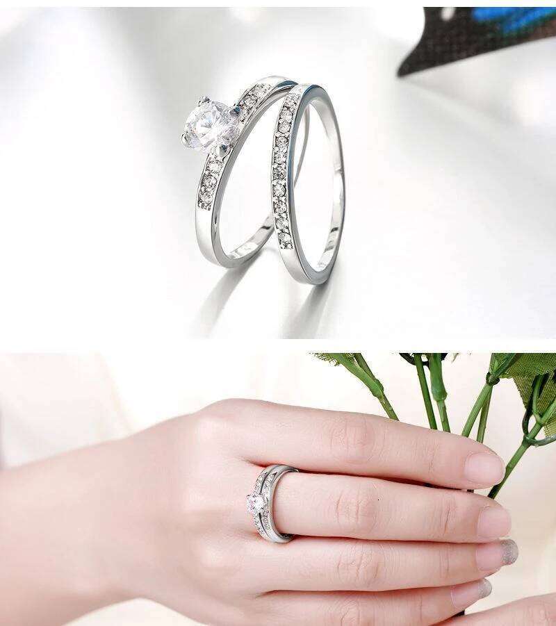 100% Real 925 Silver Rings For Women Simple Double Stackable Fine Jewelry Bridal Sets Ring Wedding Engagement Accessory W260311