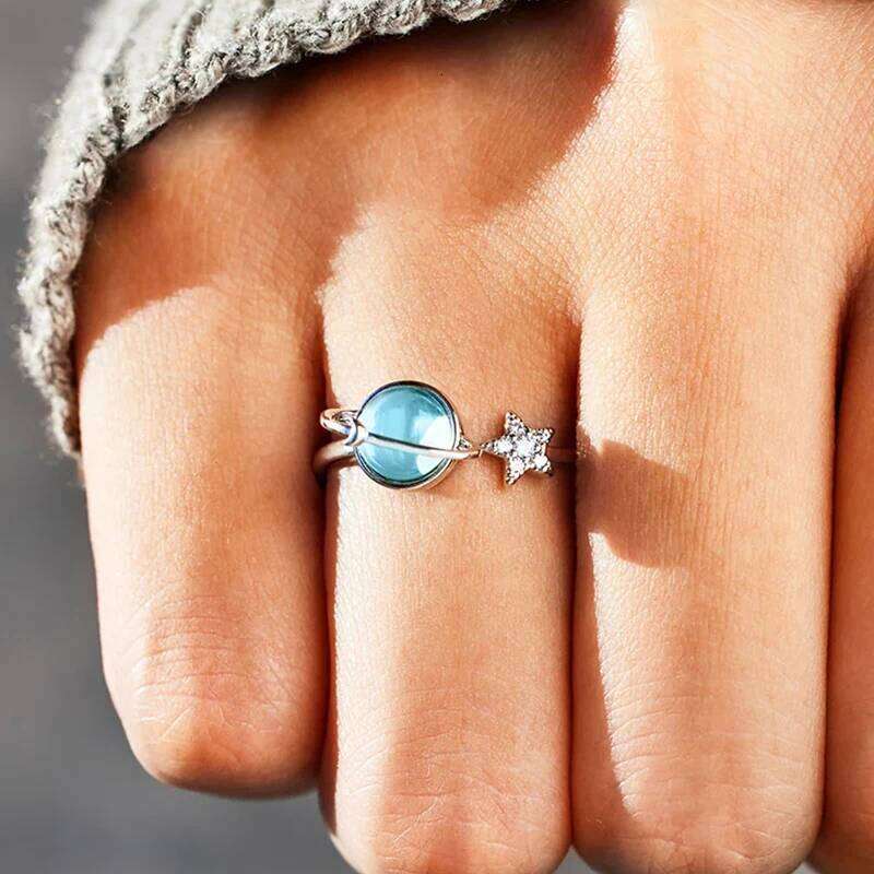 Huitan Blue Planet and Silver Color Star for Women Uniquely Designed Creative Opening Rings Fancy Cute Party Jewelry Gift H260312