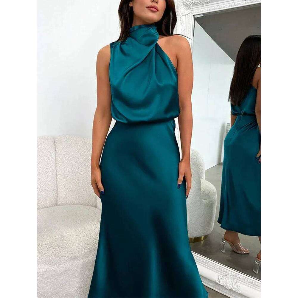Summer Luxury Sleeveless Silk Satin Long Women Elegant Off Shoulder Celebrity Evening Partywear Lady Trumpet Dress C260312