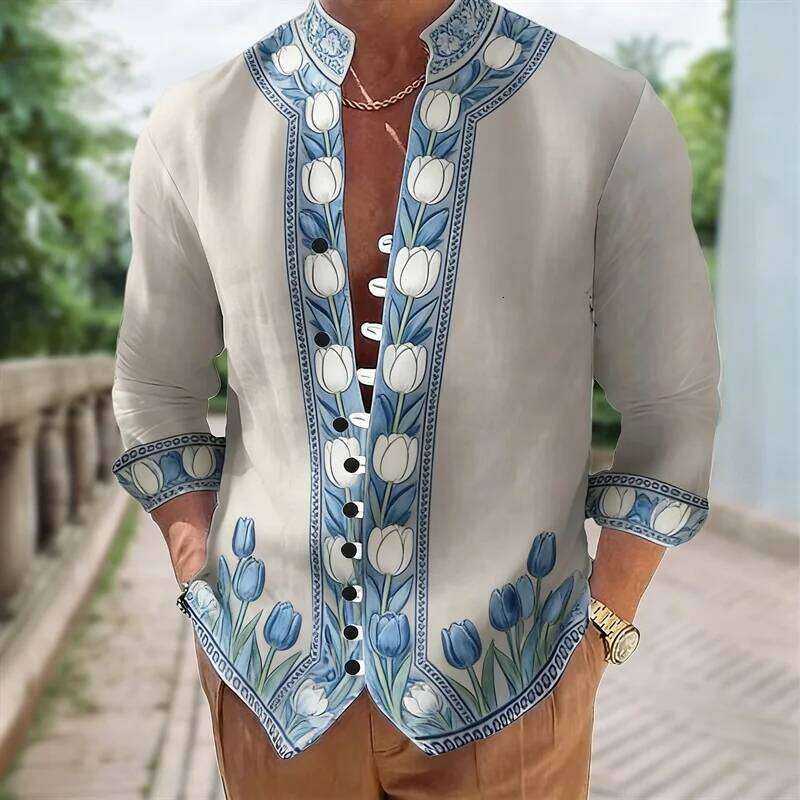 Flower, digital printing, fashion trend, street outdoor, high-quality and comfortable men's linen short-sleeved casual shirt