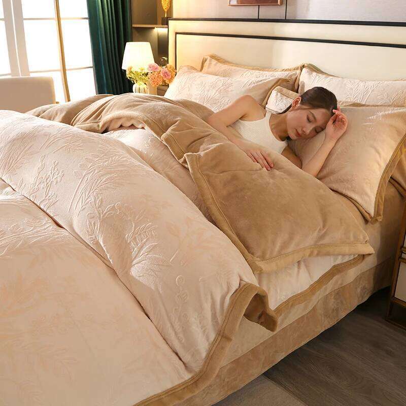 2025 new light high gram weight carved milk fleece bed sheet four-piece set thickened warm bedding winter H260312