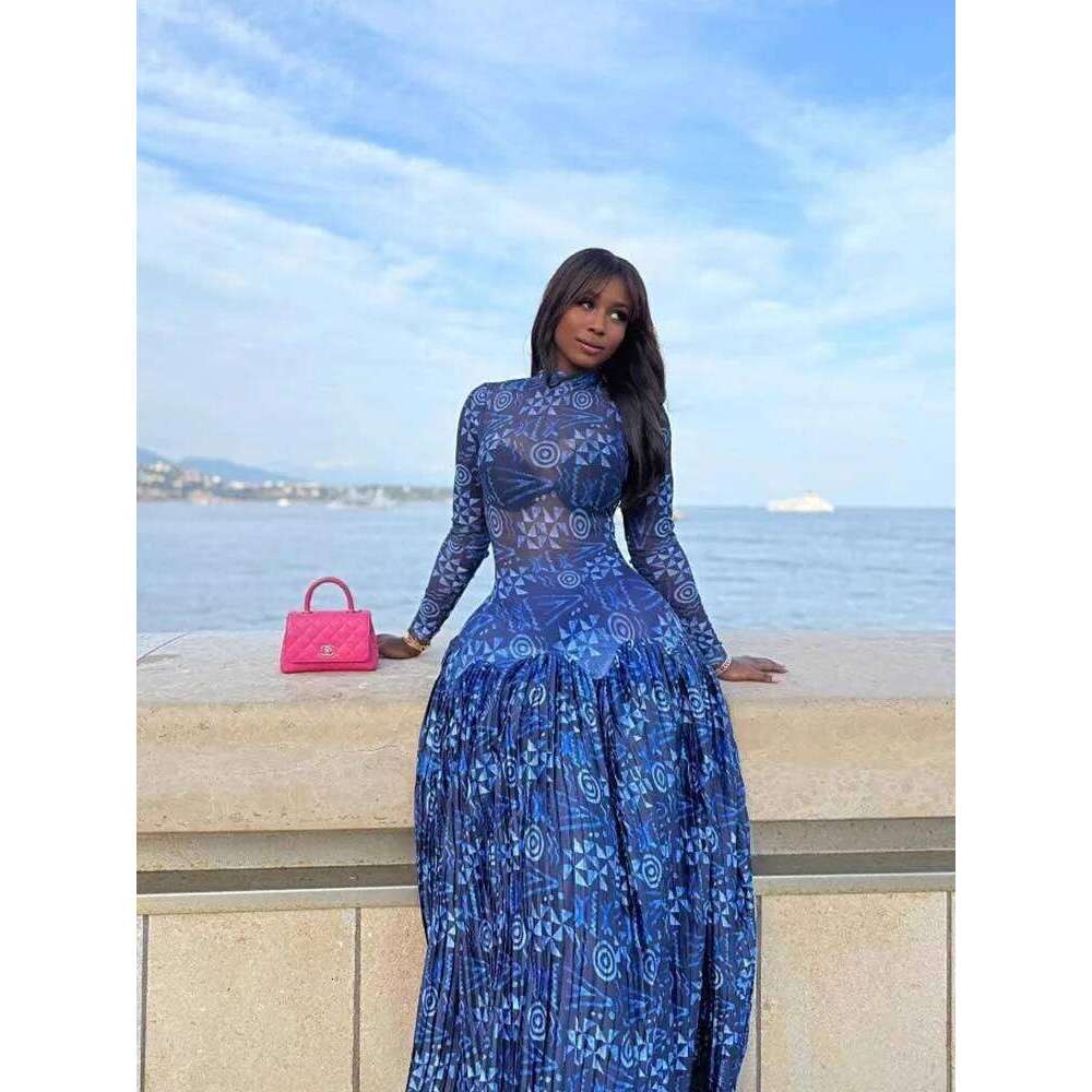 Blue for Women Mid-turtleneck High Waist Transparent Light Long with Sleeves Streetwear Pleated Maxi Dress C260312