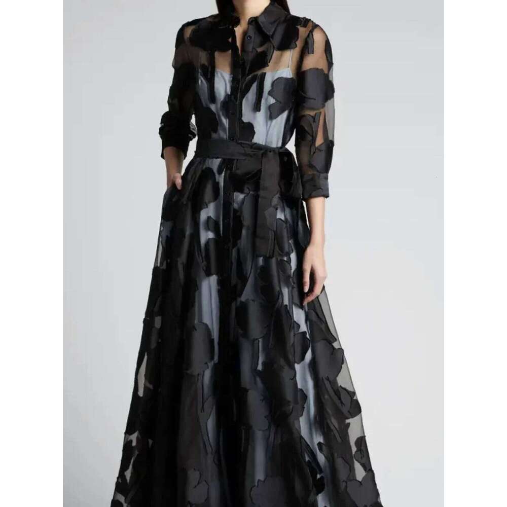 Fashion Autumn for Women Polk Dot Turn Down Collar Transperant 3/4 Sleeve Elegant Casual Vintage A-Line Long Dress C260312