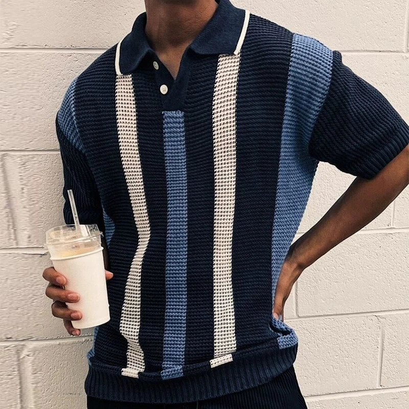 Stylish Striped Hollow Out Knit Polo Shirts Mens Vintage Polo Collar Button Knitted Tops For Men Summer Casual Breathable Polos 260311