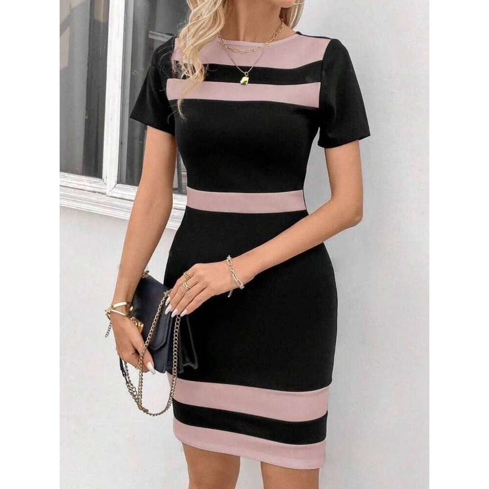 French clashing skirts short sleeves chic sophisticated elegant style stylish casual dress for women in summer C260311