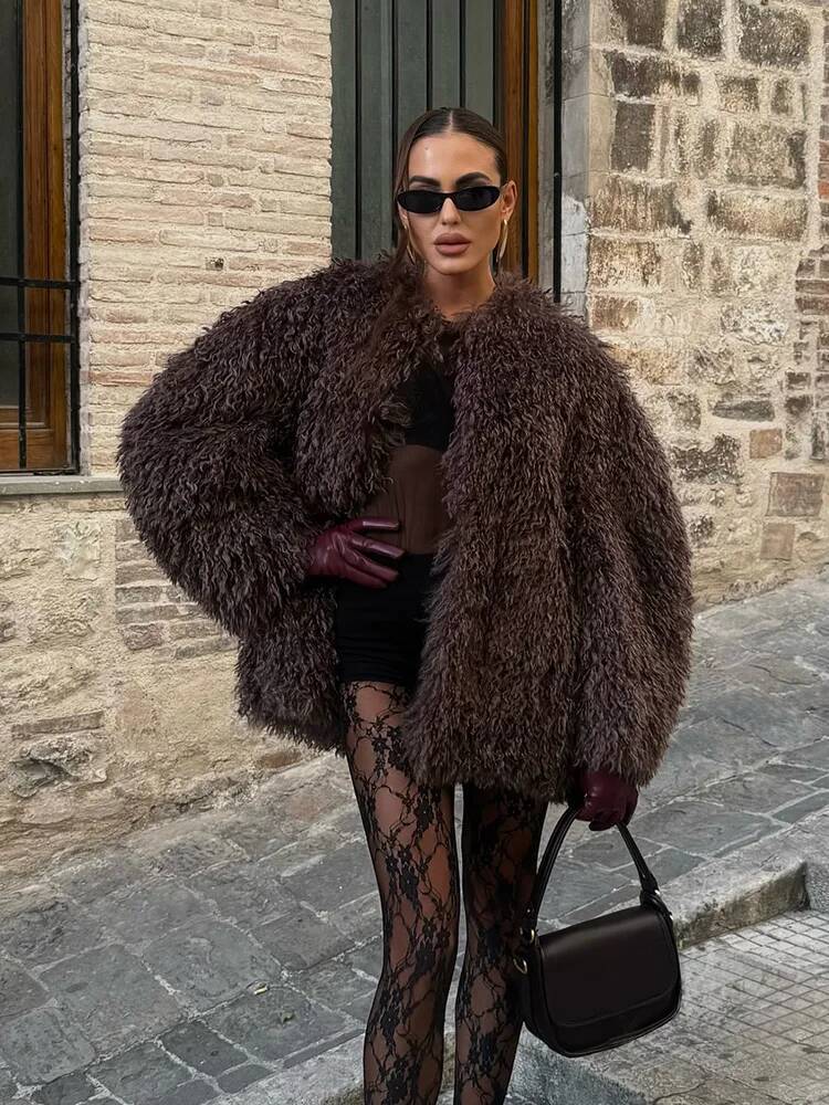 HH Women Fashion Long Sleeve Warm Faux Fur Effect Short Jacket Female Solid O-Neck Hidden Buckle Casual Chic Outwear