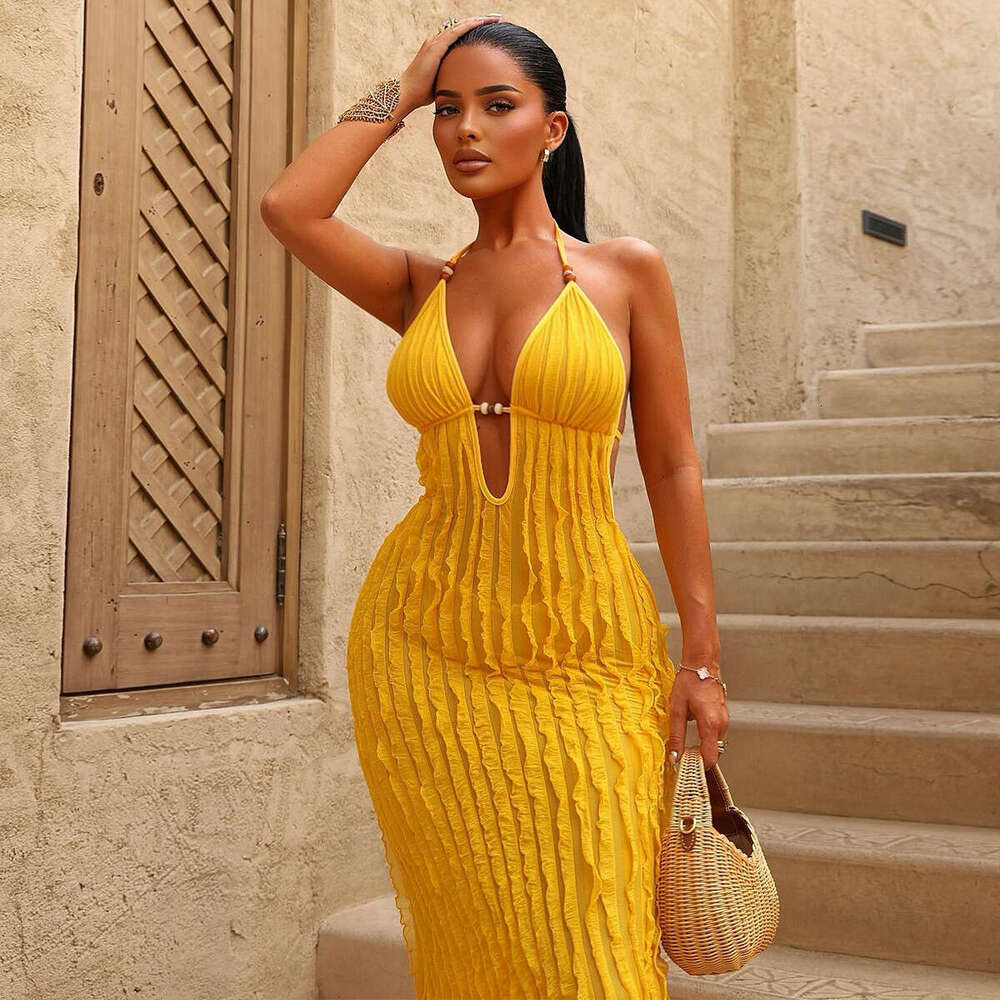 2025 Summer New Hot-Selling Backless Halter Tie Deep V Striped European and American Style Women's Dress