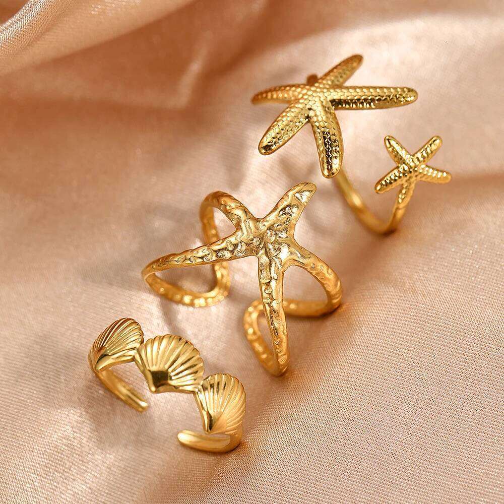 DGIDDK Stainless Steel Ring Set of 4 Resort Style Starfish Shell Women's Rings Summer Sunshine Beach Party Jewelry Gifts H260312