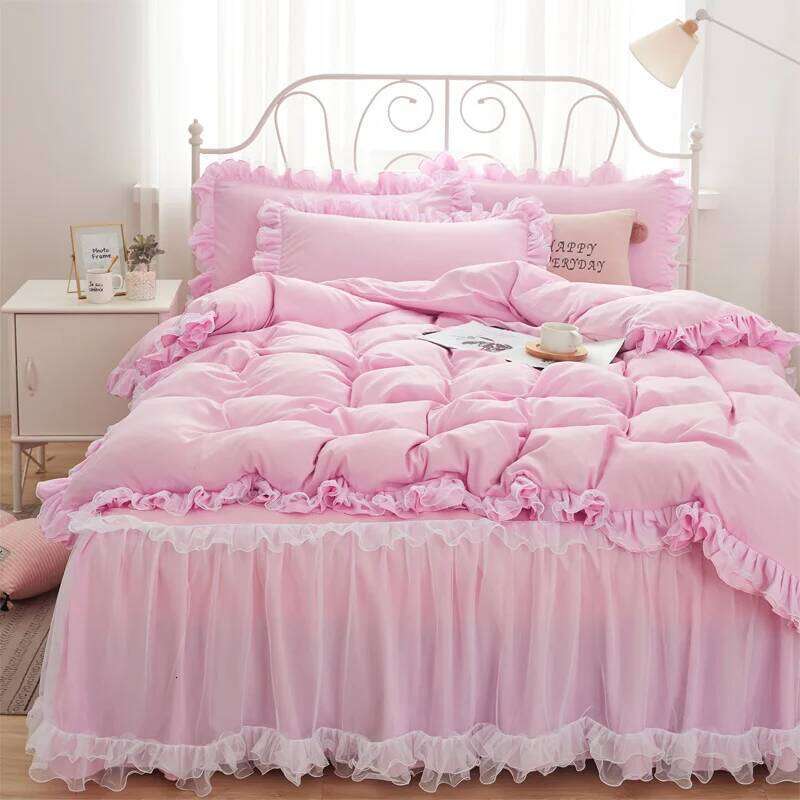 Princess Girl Pink Bedding Skirt Sheet With Lace Korean Solid Color Bed Cover Pillowcase Decor Bedroom Wedding Couple Bedclothes H260312
