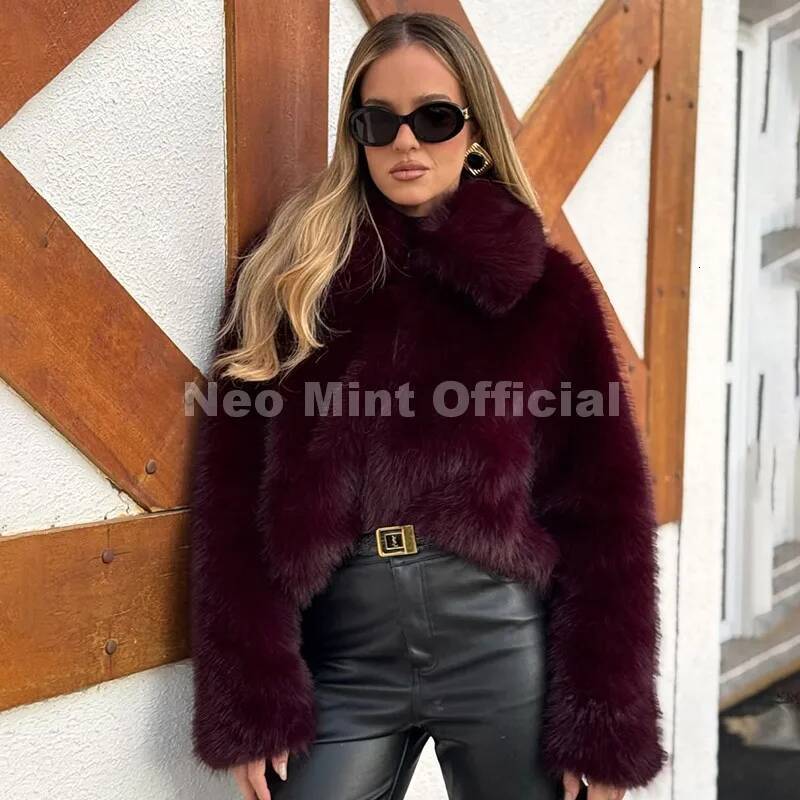 Neo Mint Ins Blogger Brand Fashion Burgundy Obsession Faux Coat Women Winter 2025 Vintage Brown Fox Fur Jacket Warm Overcoat