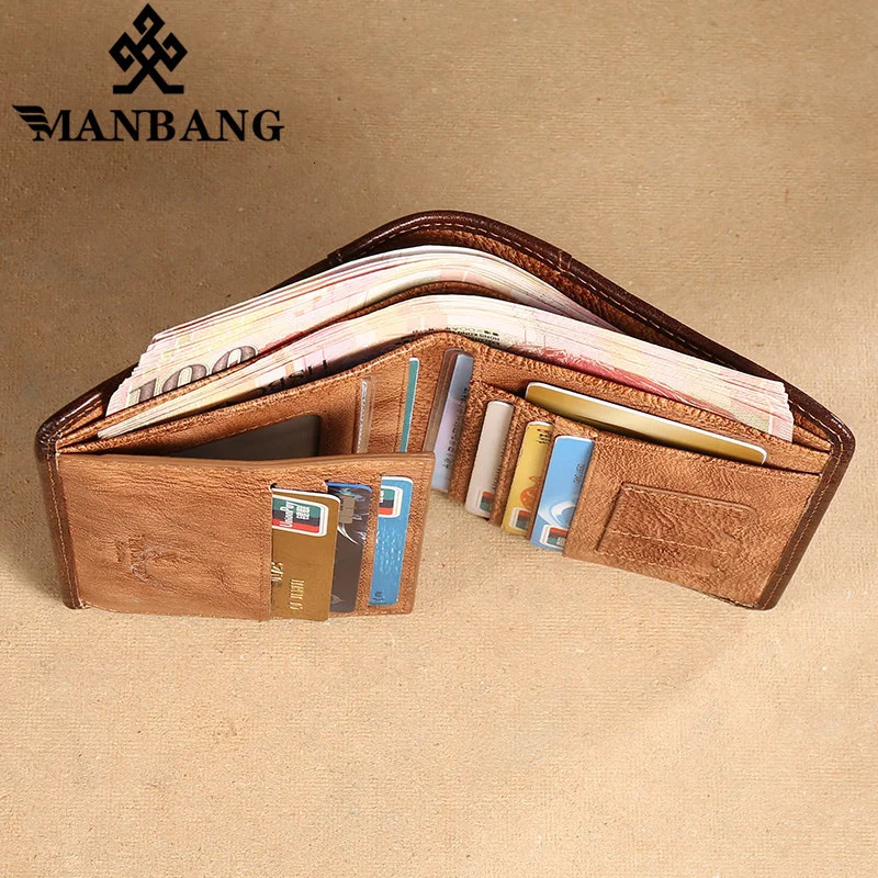 Manbang Mens Wallets RFID Genuine Leather Trifold Wallets For Men with ID Window and Credit Card Holder 260304
