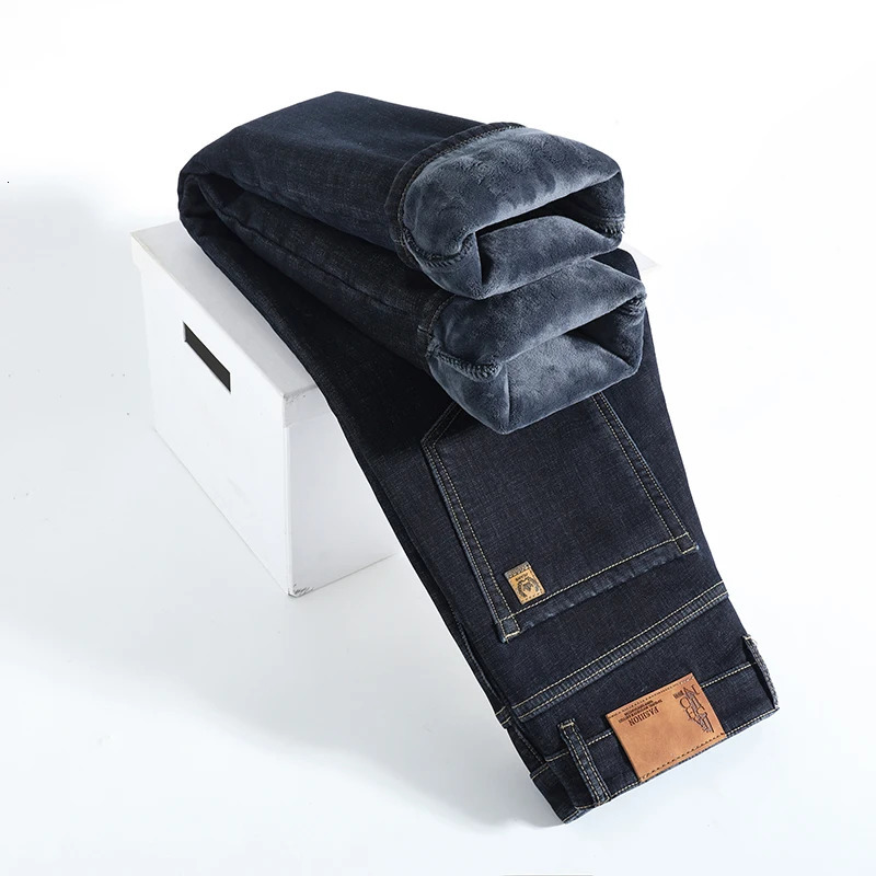 Winter Warm Fleece Jeans Mens Thick Thermal Casual Straight Denim Pants Male Business Work Stretch Trousers Clothing 260228