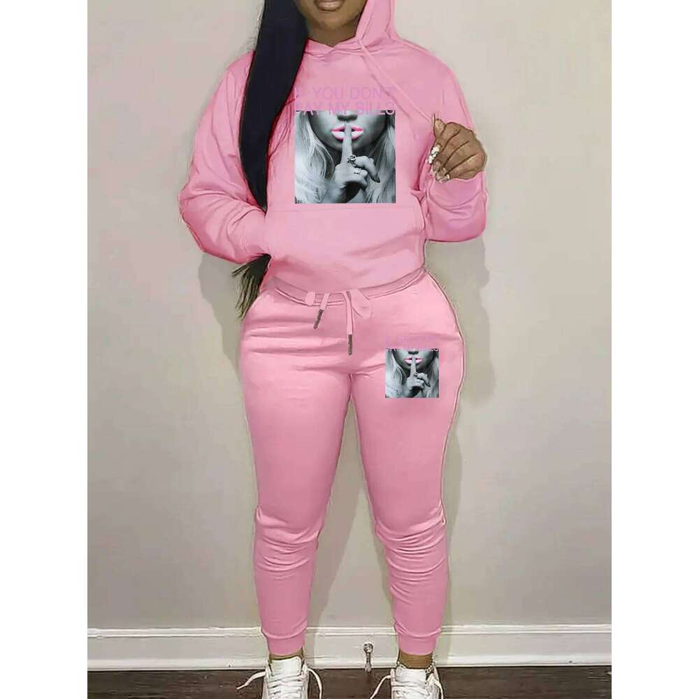 Women's Autumn/Winter Fashion Casual Letter Portrait Pattern Printed Thick Warm Hoodie+Sports Pants Set C260312