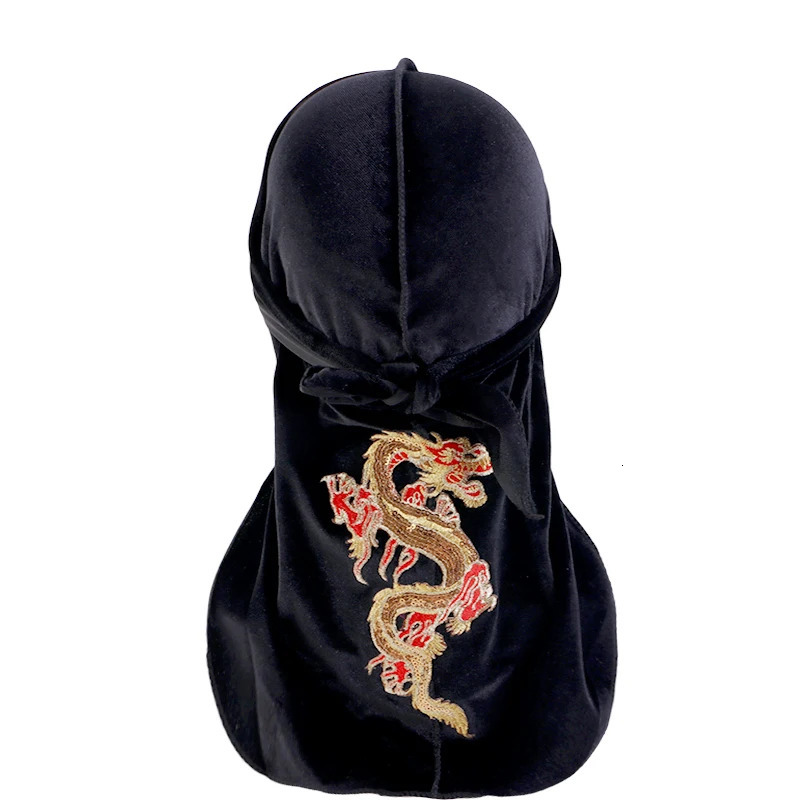 Mens Dragon Pattern Velvet Durags Bandanas Headwear DuRag Turban Hat Headband Breathable Head Wraps With Long Tail 260304