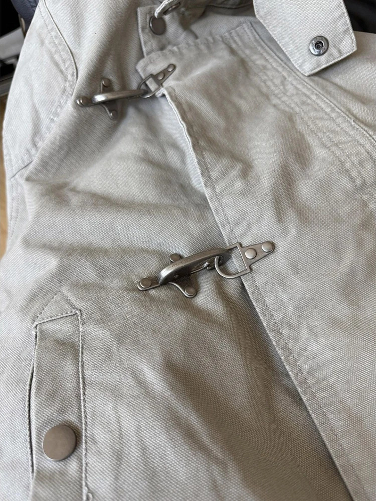 Mens Jacket Harajuku American Vintage Streetwear Buckle Short Workwear Coat Stand Collar Loose Fit Unisex Spring Autumn Clothes 260310
