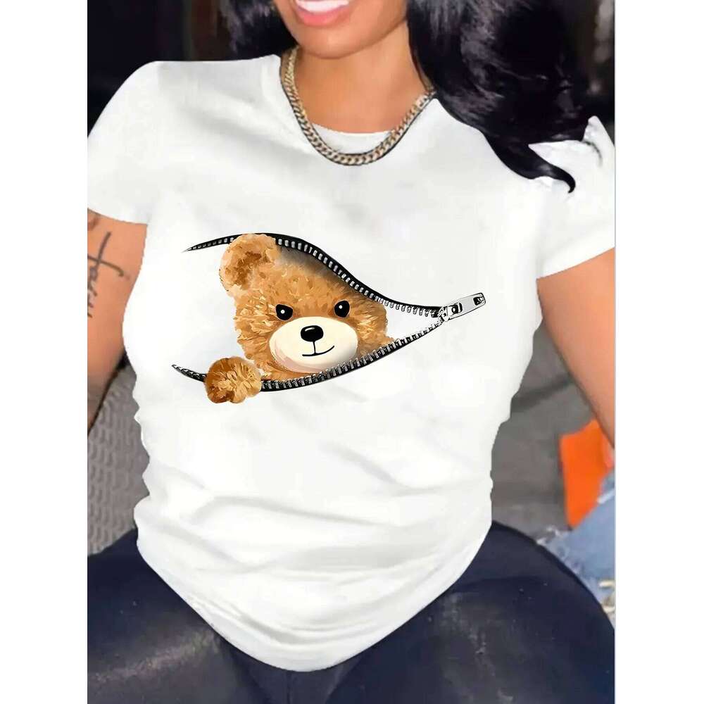 Women's Cartoon Bear Print T-Shirt - Cute Comfortable Short Sleeve Crew Neck Top for Spring and Summer Z260312
