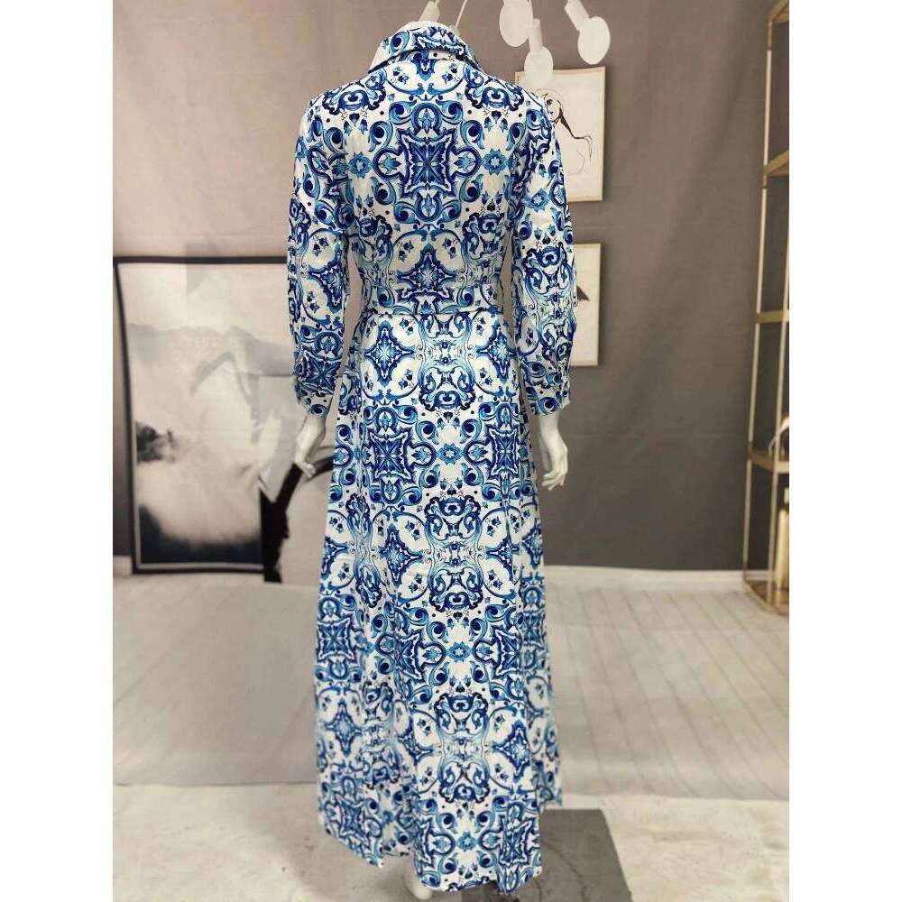 Women Fashion Elegant Printed A-line Shirt Dress, Casual Lapel Belted Large Swing Long Dress for Ladies