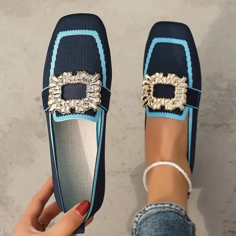 Women Flats Spring 2026 Large Size Flat Loafers Shoes Women Knitting Slip-on Square Head Breathable Fashion Shoes for Women 260227