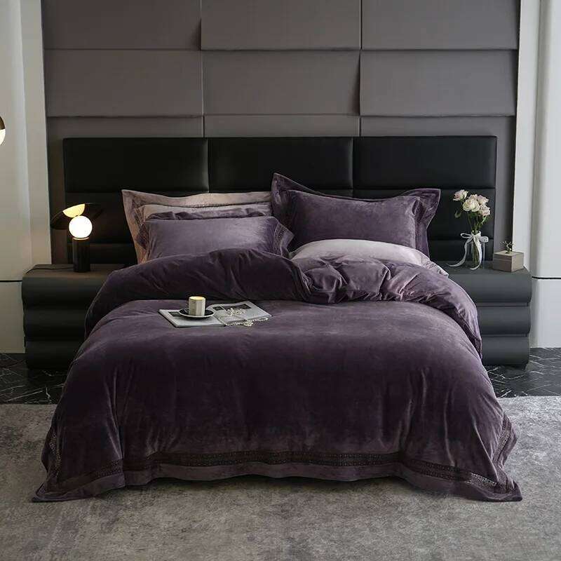 4Pcs Winter Thickened Milk Velvet Purple Bedding Hollow Wide Edge Duvet Cover Set Flat/Fitted Bed Sheet Pillowcases H260312