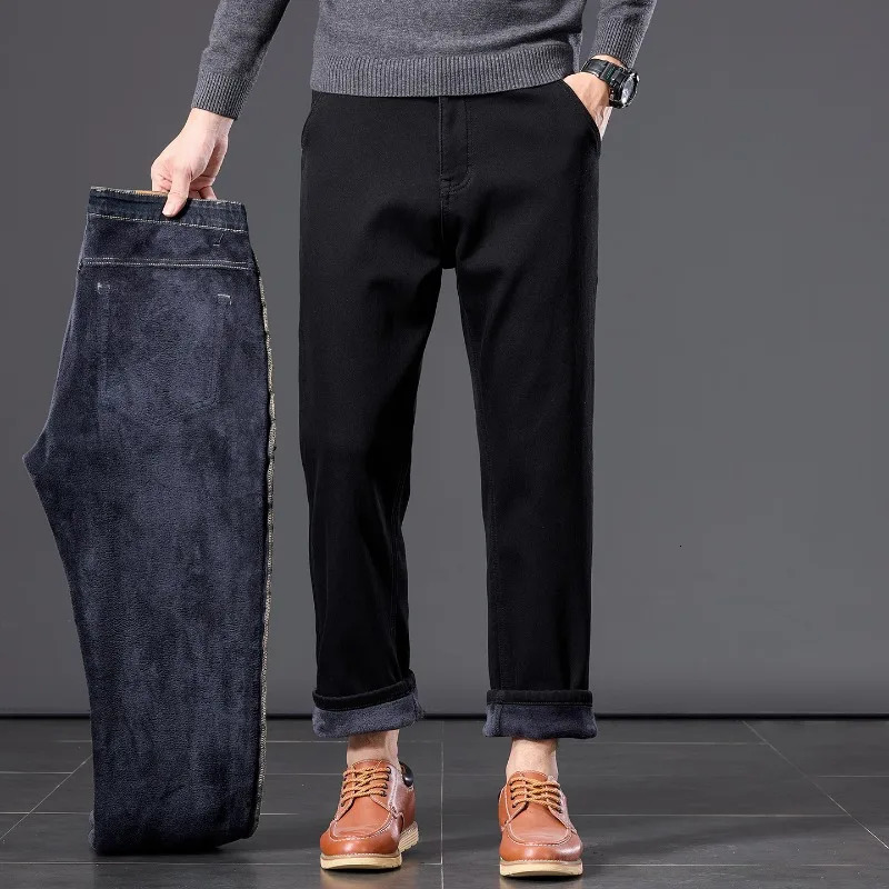 Winter Fleece Thickened Warm Mens Jeans Retro Blue Velvet Straight Leg Length Ninepoint Denim Trousers Lined Wool Pants 260228
