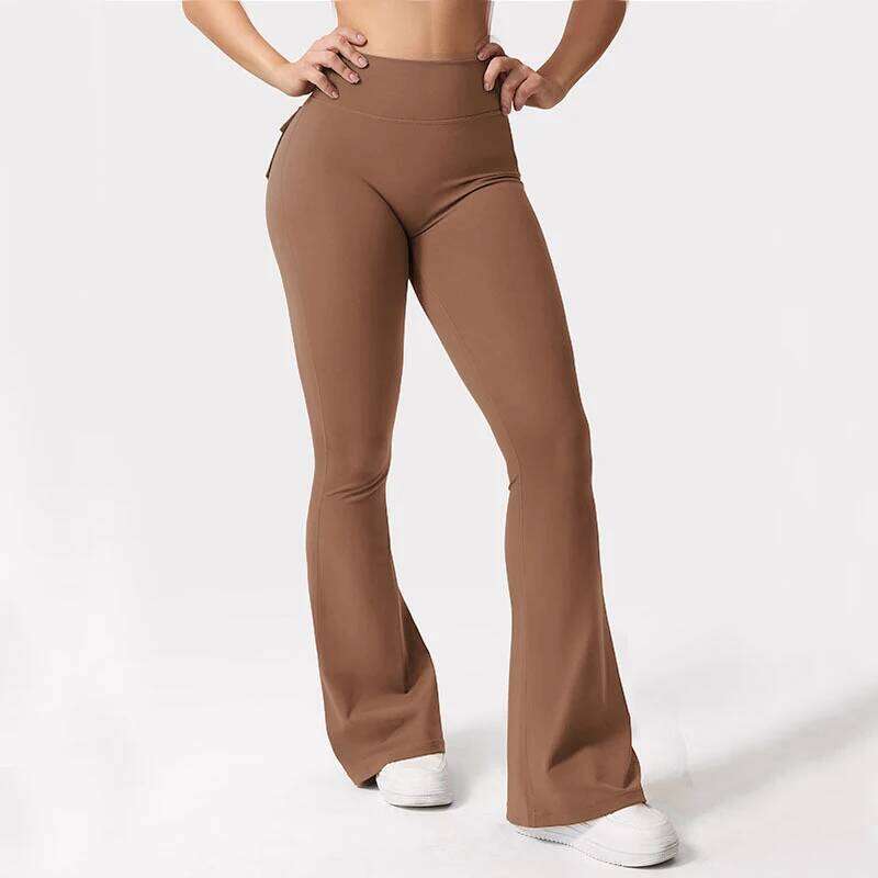 Women's Yoga Flare Trousers, High-Waisted Tummy-Control Wide-Leg Trousers Outdoor Casual Leggings with Pockets, Gym Workout Trou 26H0311