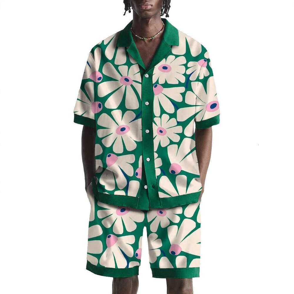 Men's summer Cuban collar short-sleeved with special symbol line print men's shirt comfortable, breathable and versatile