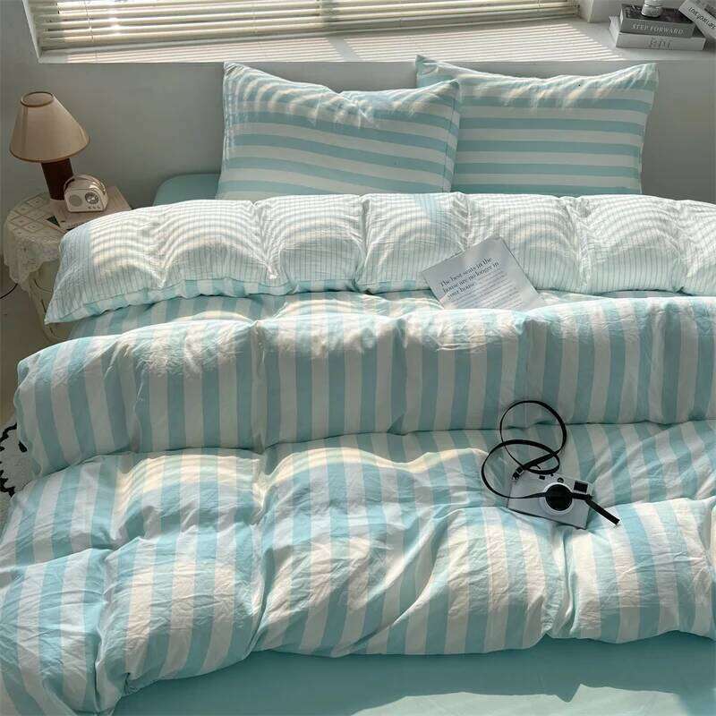 Washed Cotton Striped Style Duvet Bedding Set with Quilt Cover Pillowcase Bed Sheet 200x230 220x240 Skin Friendly Soft H260312