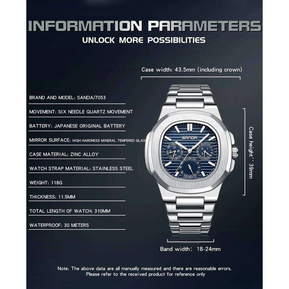SNADA 7053 Fashion Business Stainless Steel Strap Waterproof Night Light Date Men's Quartz Watch