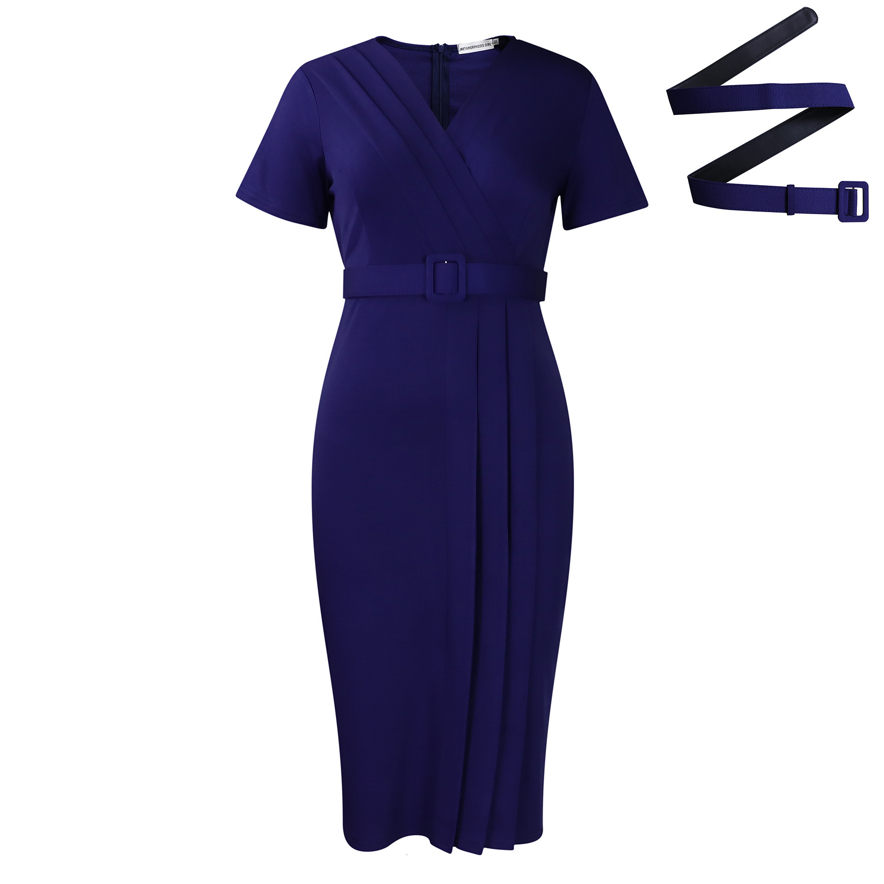 D504 Womens 2024 Summer New Short Sleeve V-neck Waist-cinching Solid Color OL Tongle Pencil Dress