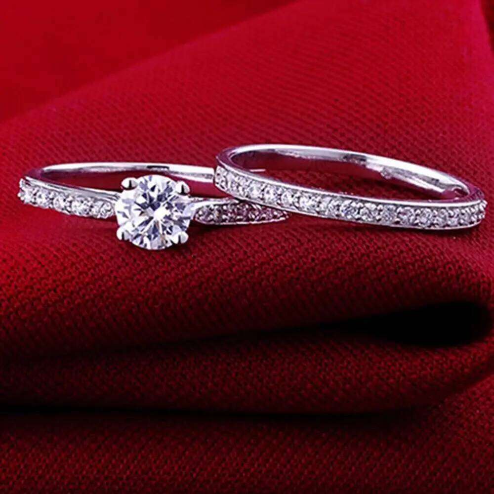 2Pcs/Set Shiny Cubic Zirconia Plated Silver Romantic Couple Finger Ring for Wedding W260311