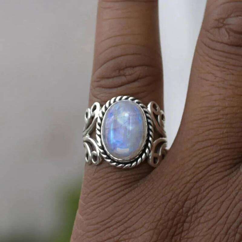 Huitan Boho Style Women Rings with Oval Imitation Opal Stone Hollow Out Band Ethnic Female Accessory Unique Jewelry for Vocation H260312