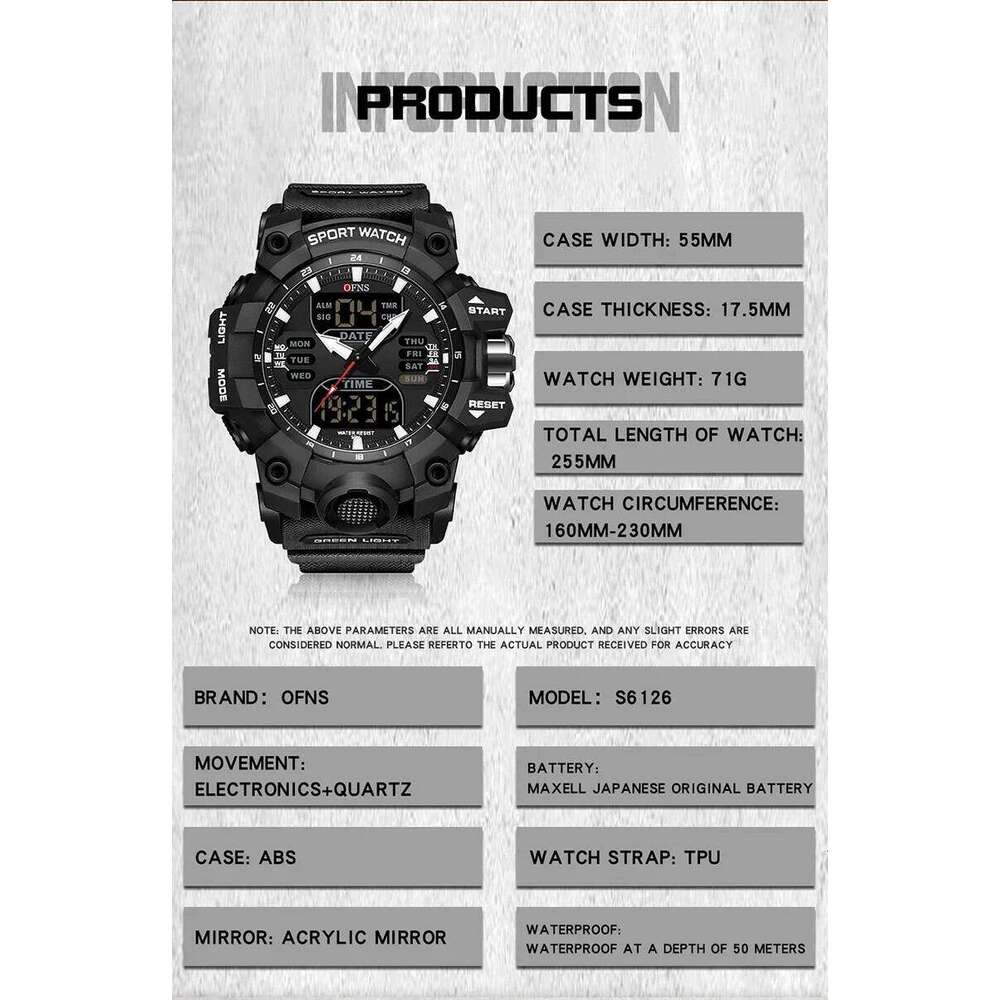OFNS 6126 Dual Display Waterproof Sports Military Alarm Stopwatch Quartz Watch Men's Digital Clock