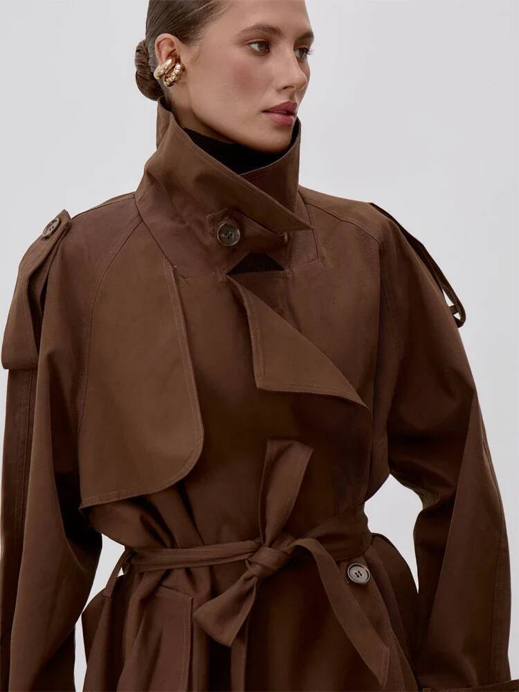 Chic Stand Collar Lace Up Trench Coat Women Long Sleeves Single Breasted Short Windbreaker Spring Lady Daily Street Jacket 2026