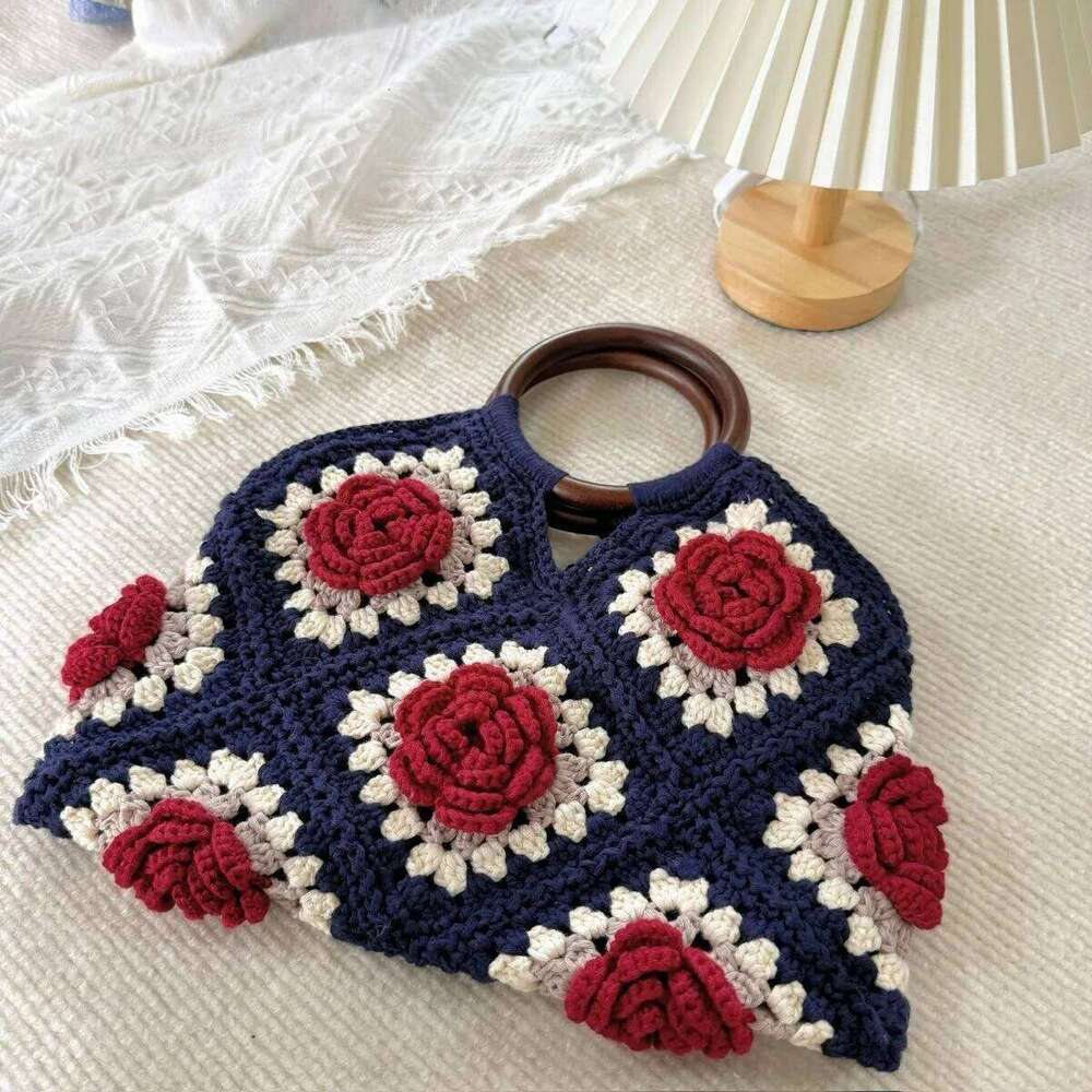 Rose Fashion Women's Crochet Handmade Flower Tote Bag Lady Exquisite Small Handbag WONST