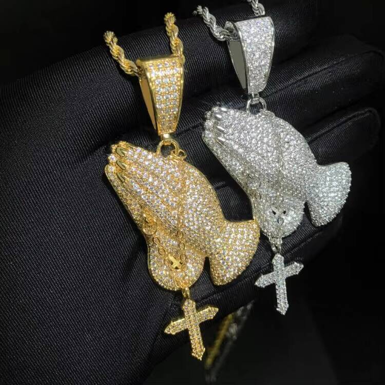 High Quality Micro Paved moissaniteVVSiaHip Hop Praying Hand Pendant with Dangle Cross Gold Plated Mens Necklace