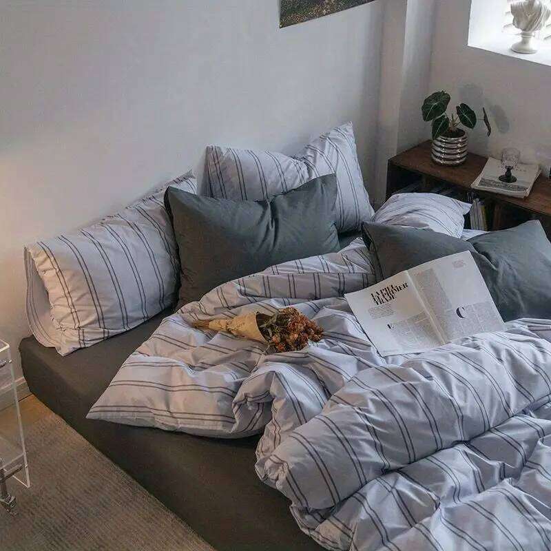 Bed Linen Sheets Duvet Cover Comforter Vintage Red Blue Washed Cotton Striped Four-piece Set A Laid-back Japanese Style H260312