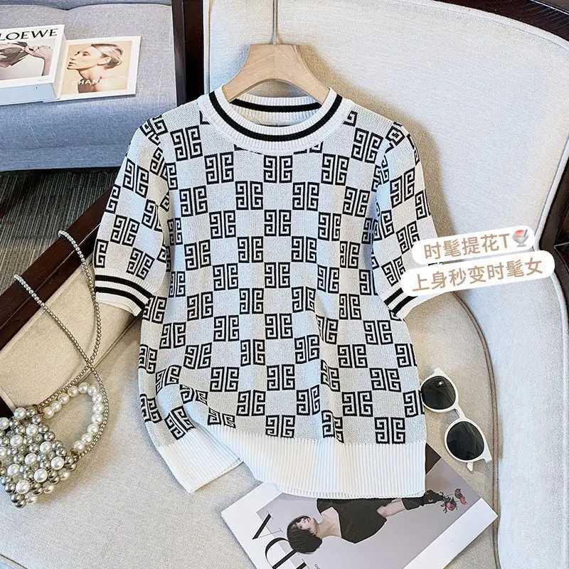 Spring Summer Fashion Geometric O-neck Short Sleeve Pullovers Ladies Temperament Vintage Knitting Printing Loose Women Top TeeT260312